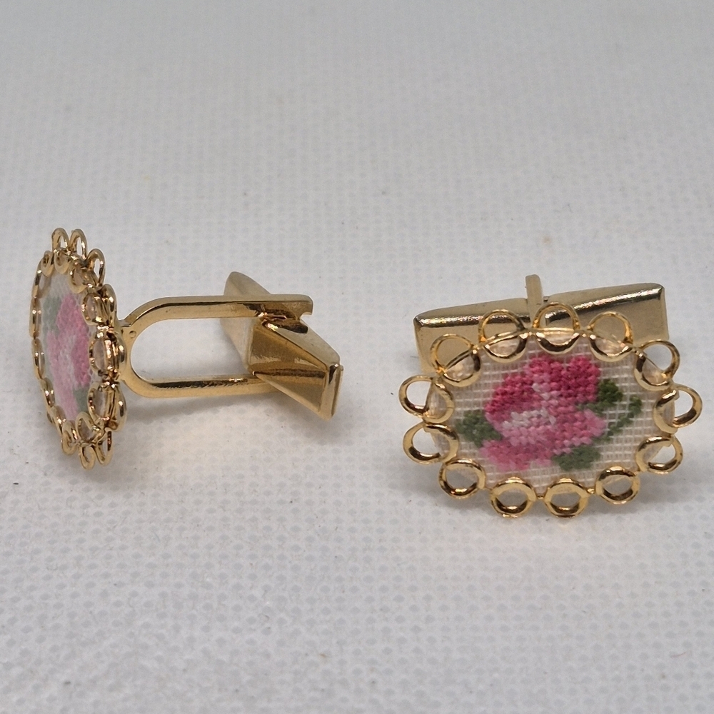 VINTAGE Gold Tone Handcrafted Dainty Petit Point Floral Cufflinks
